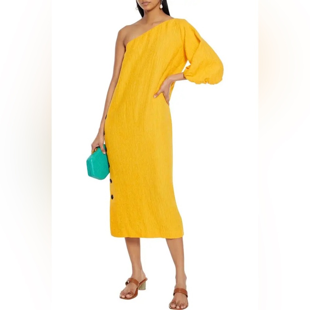 Mara Hoffman Emilie One-Shoulder Cotton Linen Cloqué Midi Dress Yellow Size 0